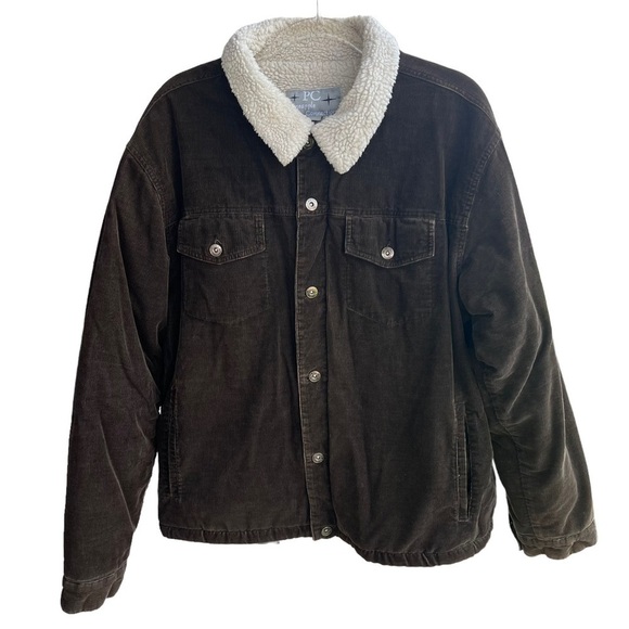 Pineapple Connection Sherpa Lined Corduroy Button Front Jacket Size Large Brown - Picture 1 of 12